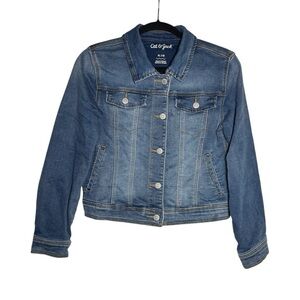 Cat & Jack Girl's Jean Jacket Size XL / 14 Dark Blue Wash Snap Buttons Stretchy